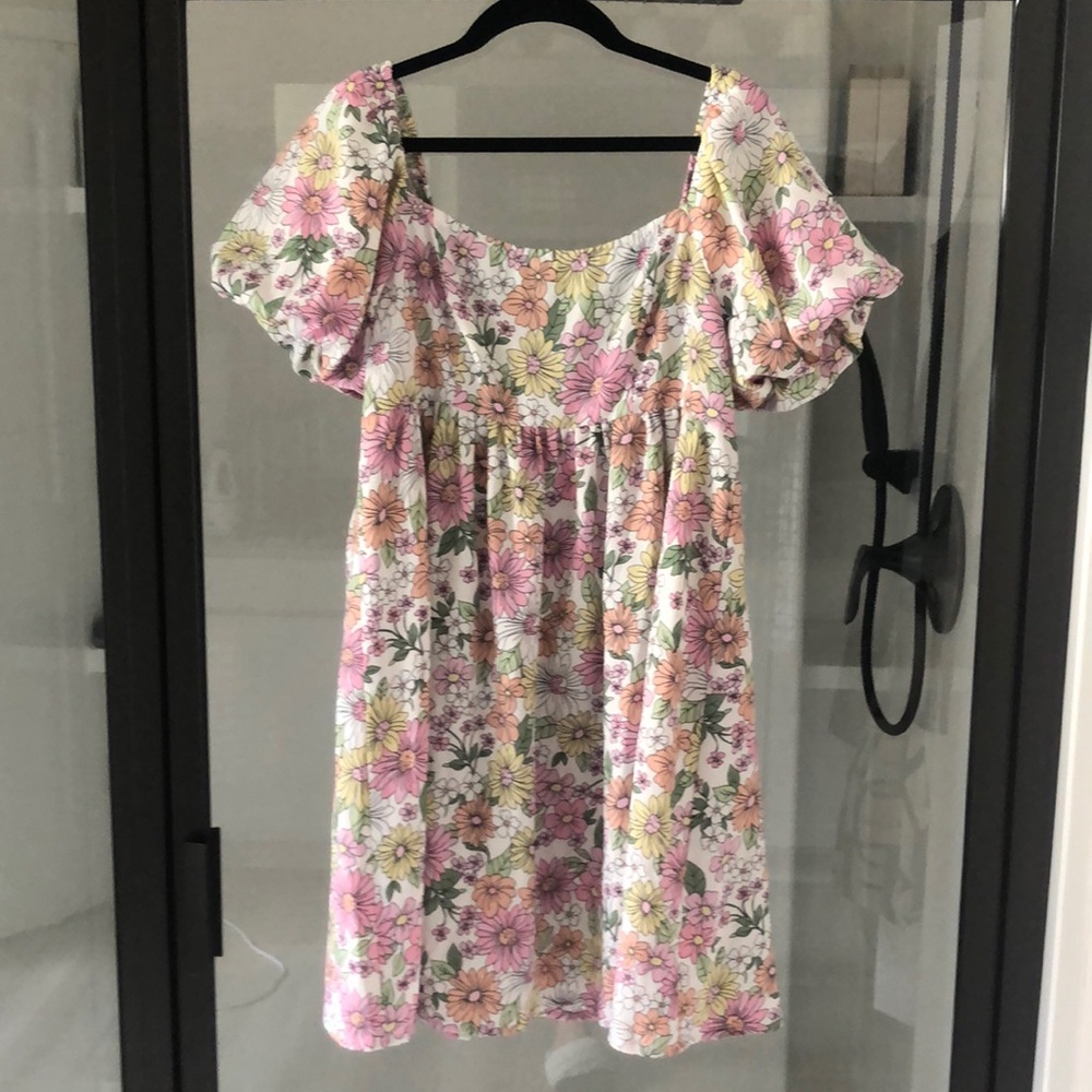 Altar’d State bright multi floral puff sleeve babydoll mini dress M Cottagecore